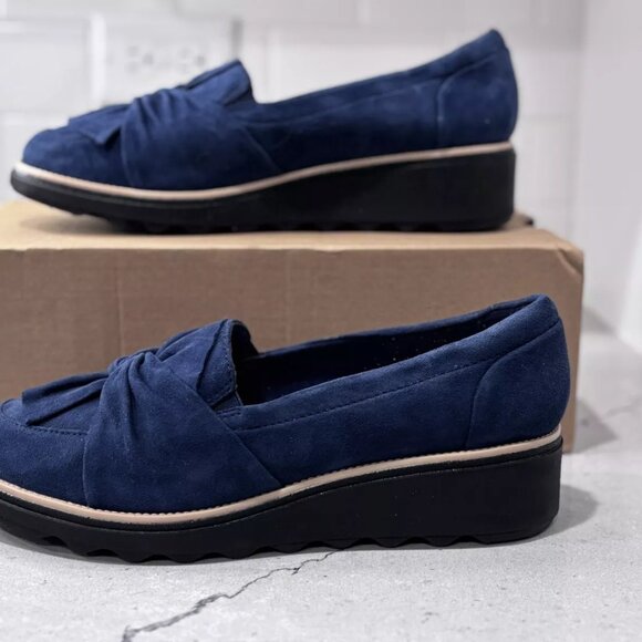 Clarks Sharon Dasher Womens Suede Loafers Slip on Wedge - Navy Blue - Size 10W - Picture 2 of 8
